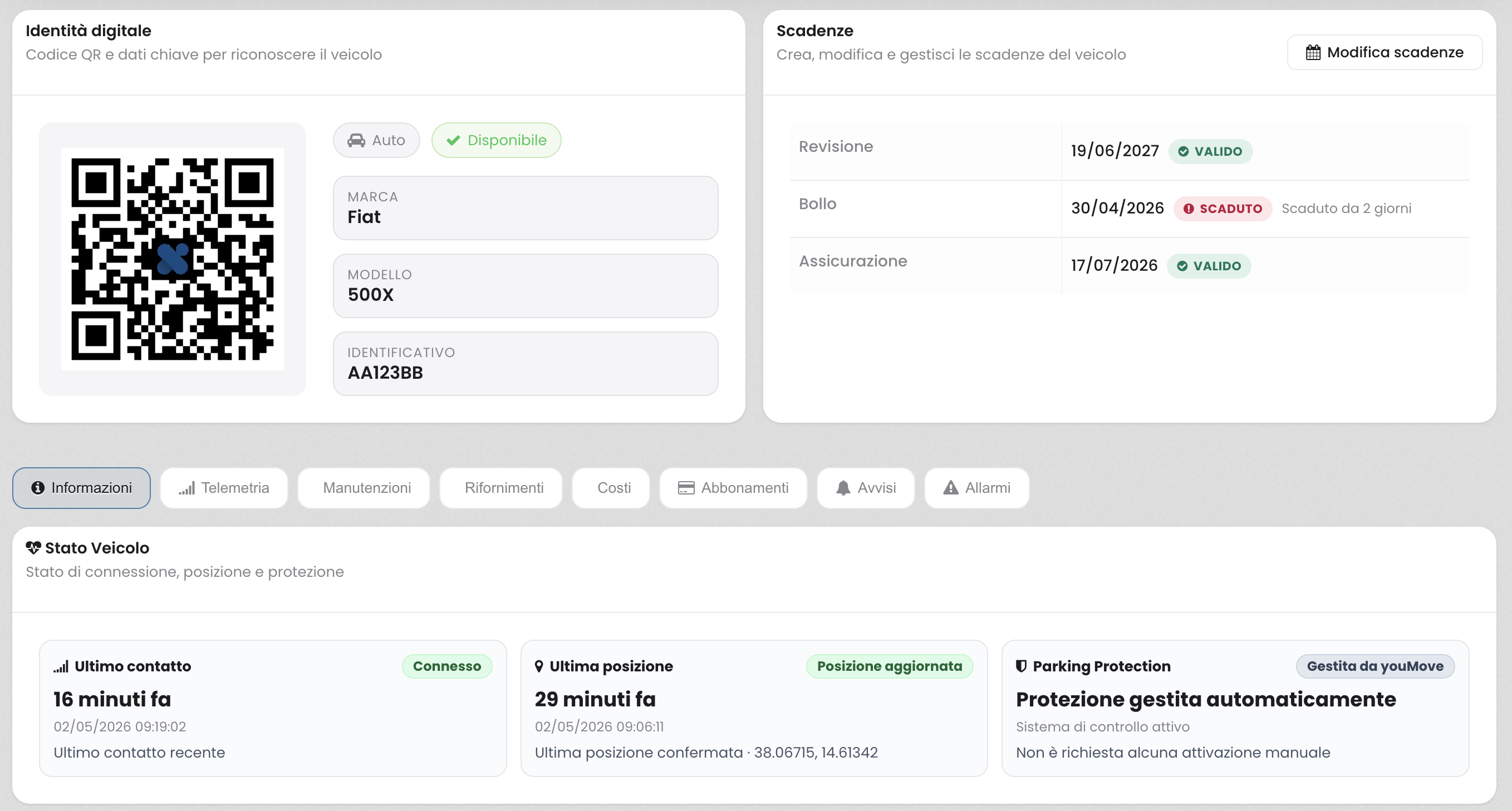 Tab Costi nel profilo veicolo con riepiloghi, indicatori e storico dei costi